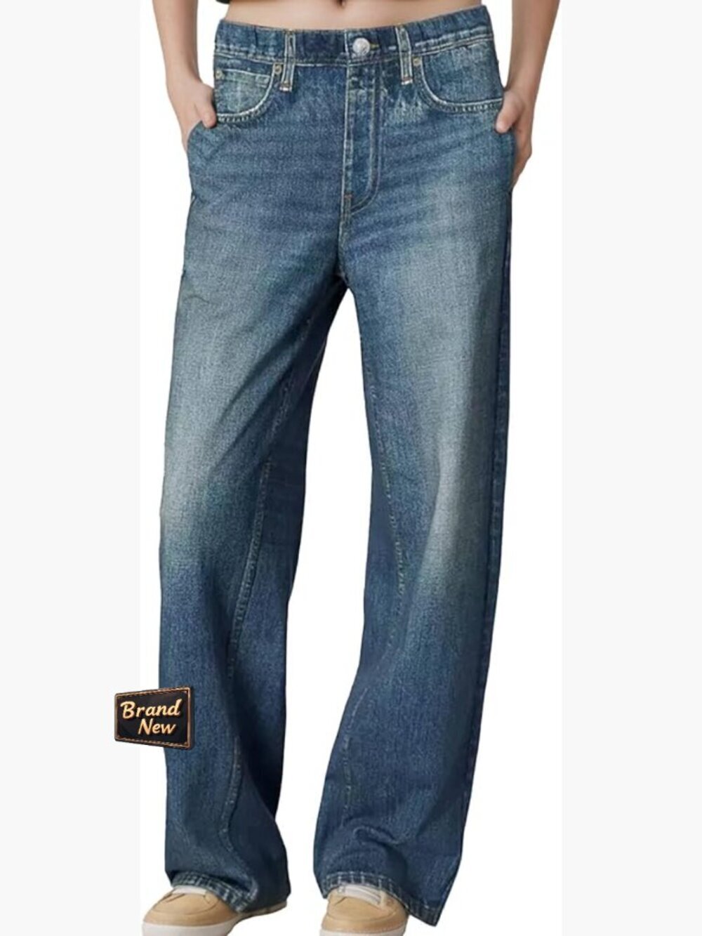 Wide Leg Denim Look Terry Cotton Pull On Sweatpants Elastic Waistband